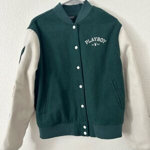 PLAYBOY Green and Cream Letterman-Style Jacket
